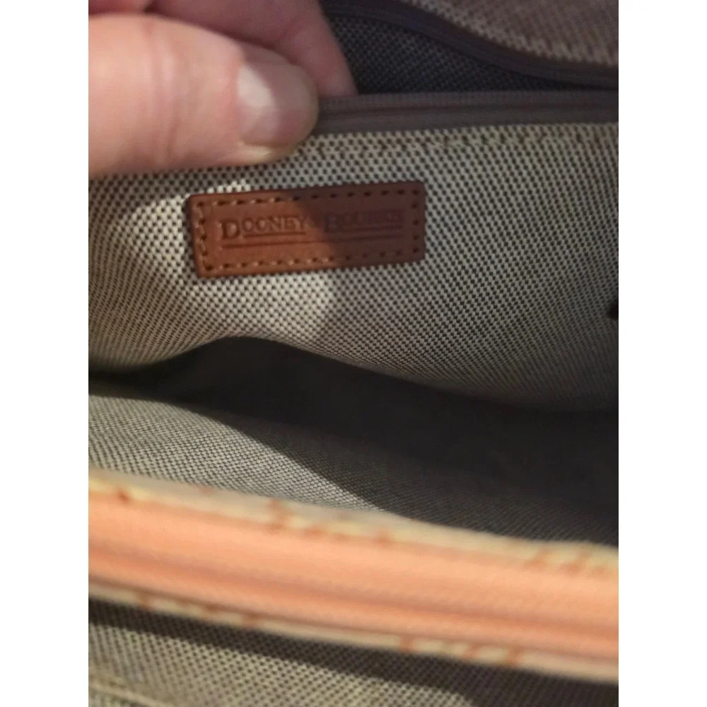 Dooney & Bourke Signature Monogram Beige Canvas Satchel Bag Brown Leather Trim